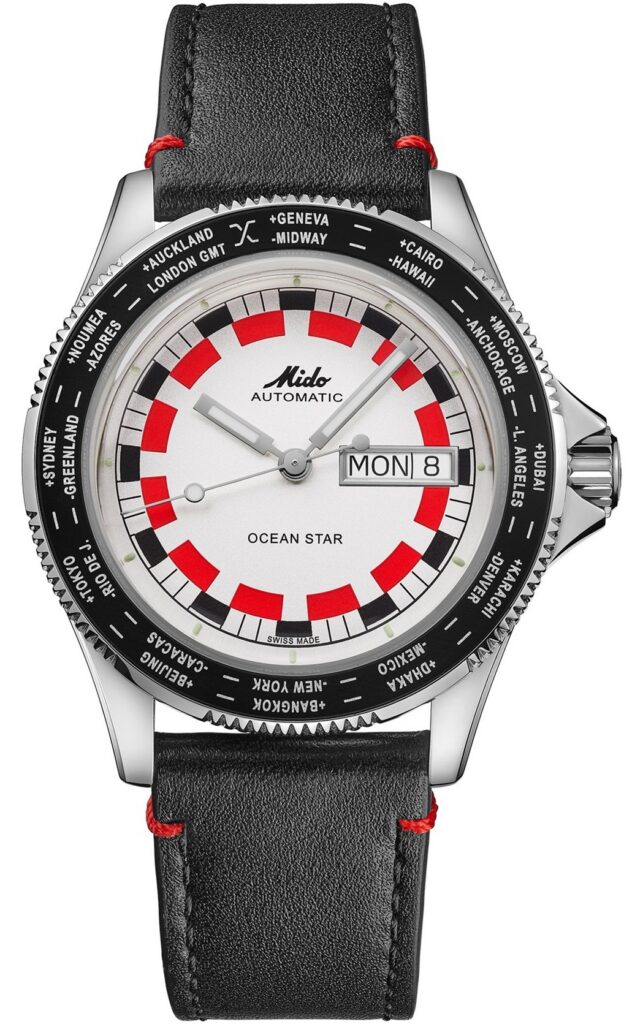 Obrotowa luneta z nazwami miast świata w modelu Mido Ocean Star Worldtimer