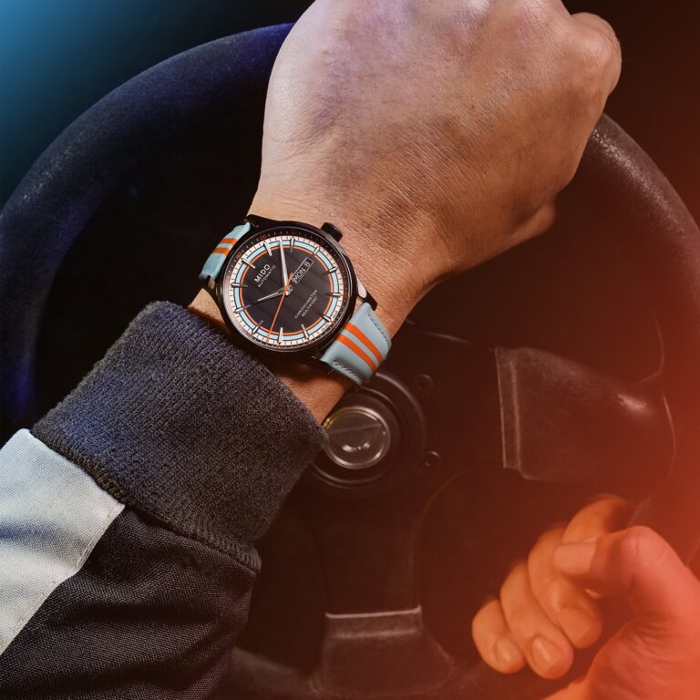 Męski zegarek sportowy Mido Multifort Chronometer Racer na nadgarstku – elegancja i sportowy styl wyścigowy.