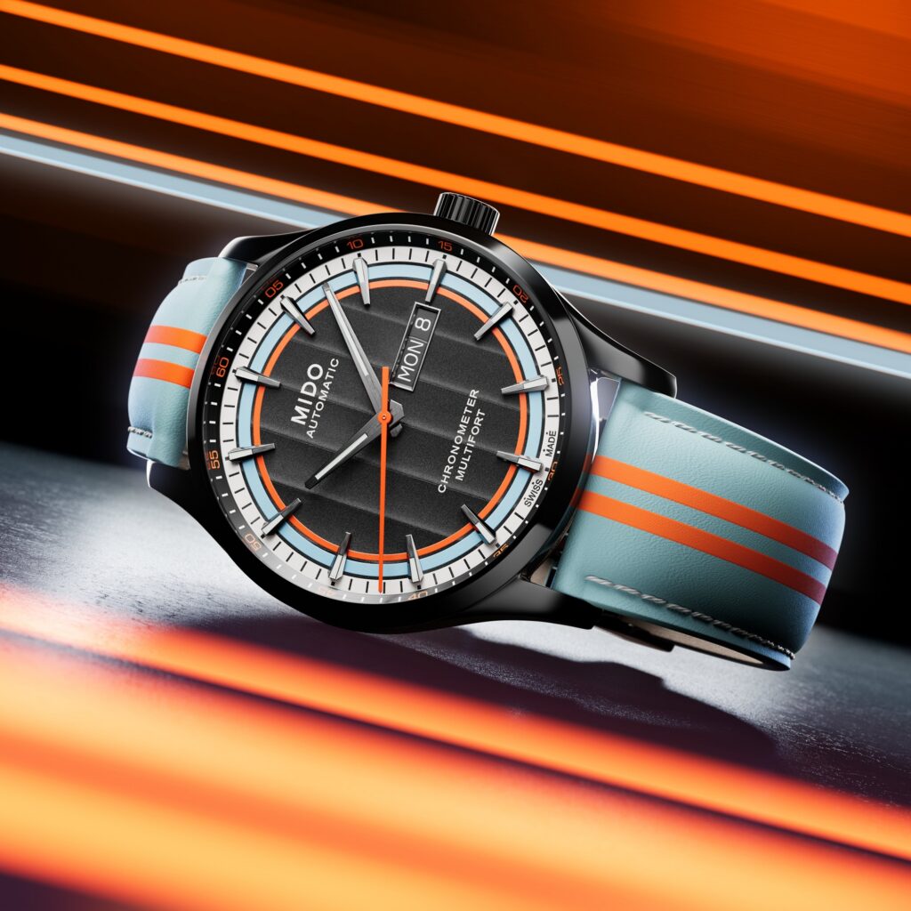 Zegarek Mido Multifort Chronometer Racer Special Edition M038.431.36.051.00 w barwach wyścigowych na niebieskim pasku.