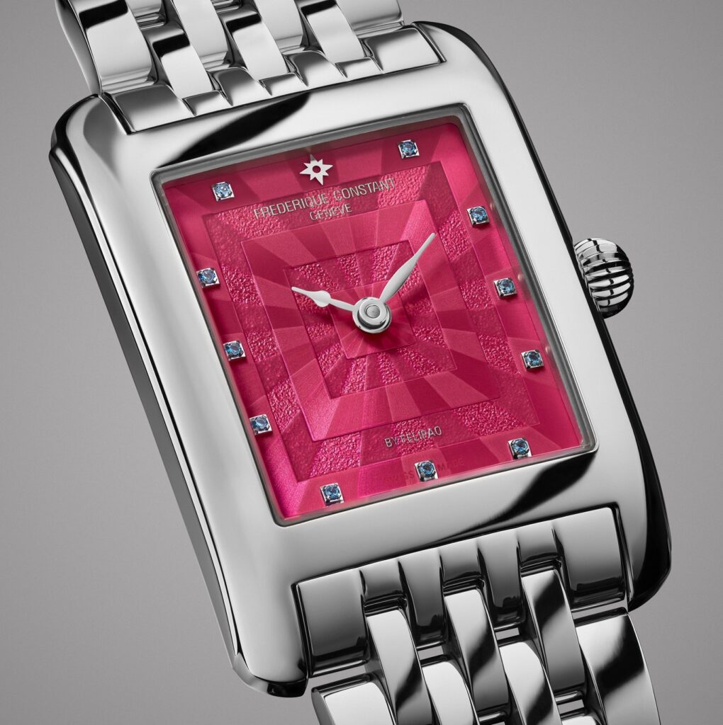 Fuksjowa tarcza zegarka Frederique Constant Carrée z kryształkami Swarovski