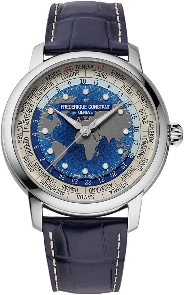 zegarek Frederique Constant Classics Worldtimer Manufacture z mapą świata.