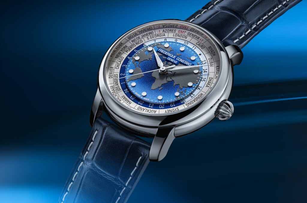 Nowoczesny zegarek Frederique Constant Classics Worldtimer Manufacture z mapą świata