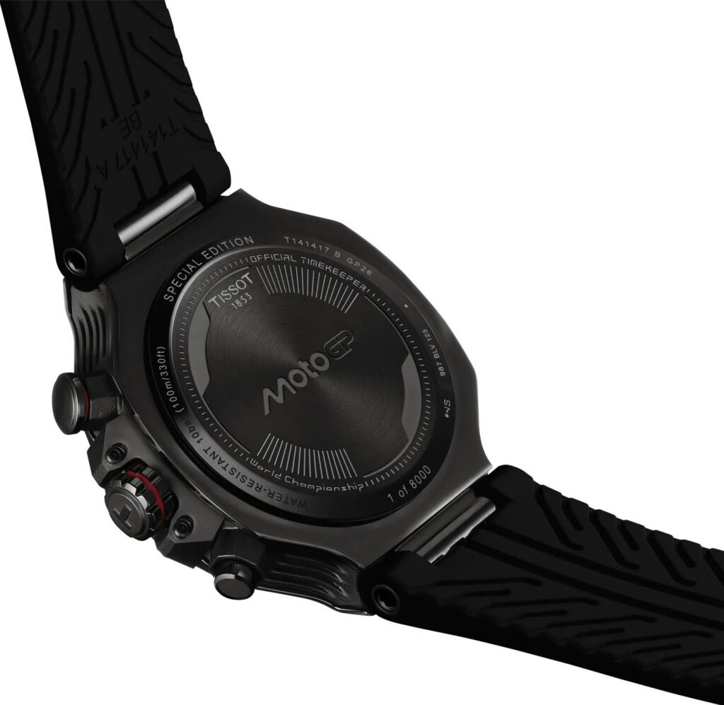 dekiel zegarka z wygrawerowanym logo motogp modelu Tissot T-Race Quartz Chronograph MotoGP Limited Edition T141.417.37.422.00