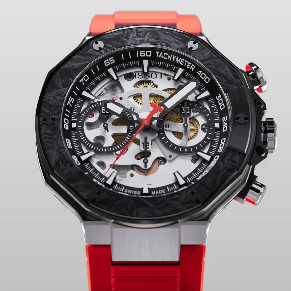 zbliżenie na szkieletowaną tarczę zegarka Tissot T-Race Automatic Chronograph MotoGP Limited Edition T141.462.27.051.00