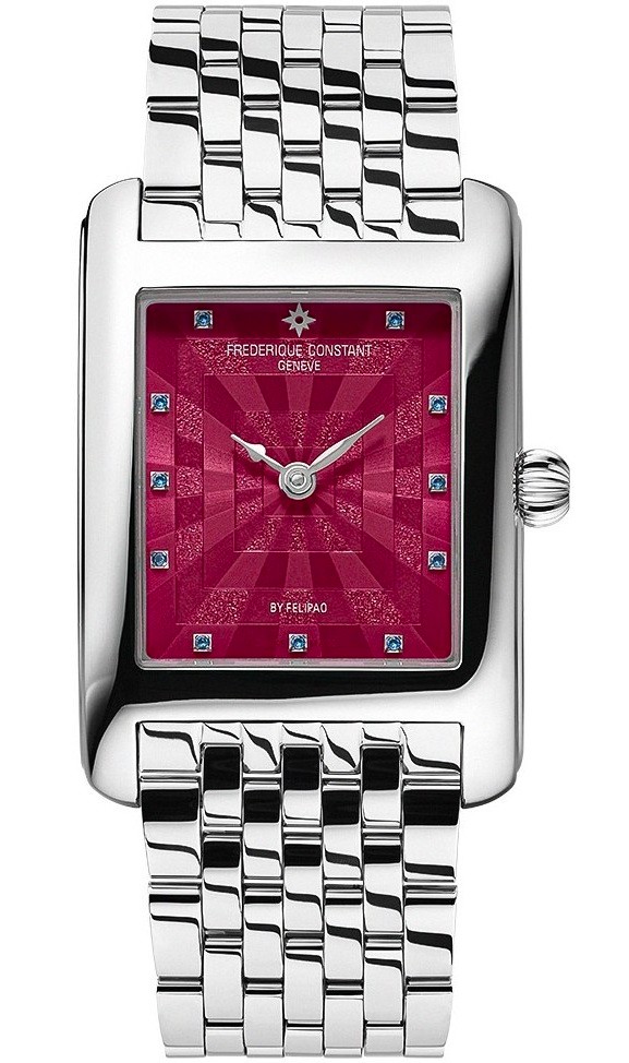 Siedmiorzędowa stalowa bransoleta przy damskim zegarku i fuksjowa tarcza w zegarku Frederique Constant