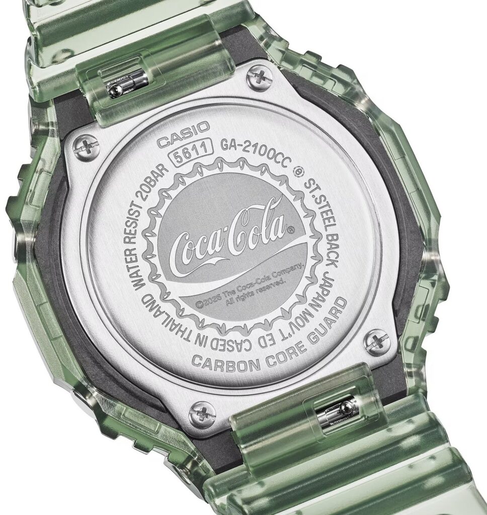 Stalowy dekiel zegarka G-Shock z grawerem w kształcie kapsla Coca-Cola