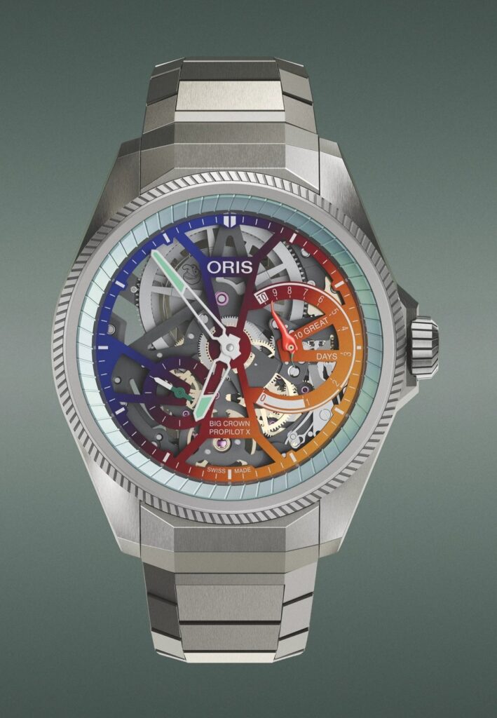 Tytanowy zegarek Oris ProPilot X Gonzo Edition z widocznym mechanizmem
