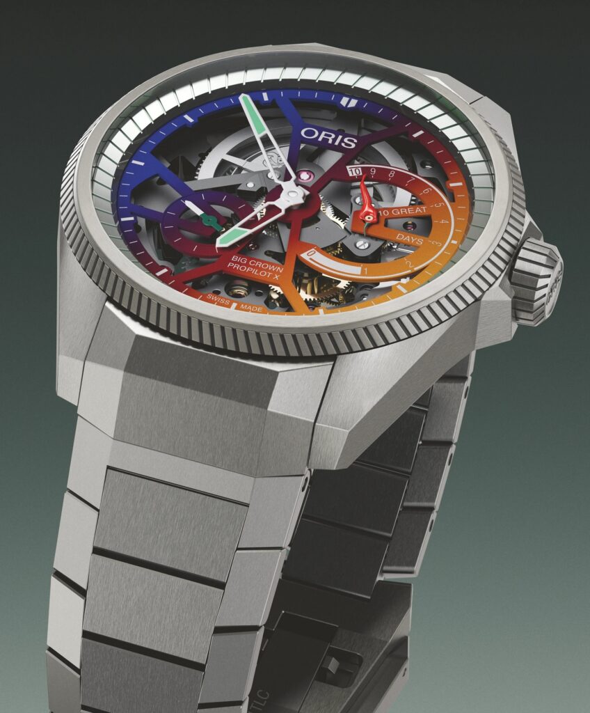 Tytanowy zegarek Oris ProPilot X Gonzo Edition z widocznym mechanizmem