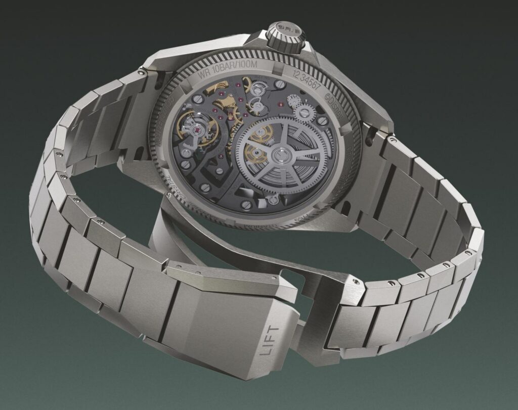Tytanowy zegarek Oris ProPilot X Gonzo Edition z widocznym mechanizmem pod przeszklonym deklem