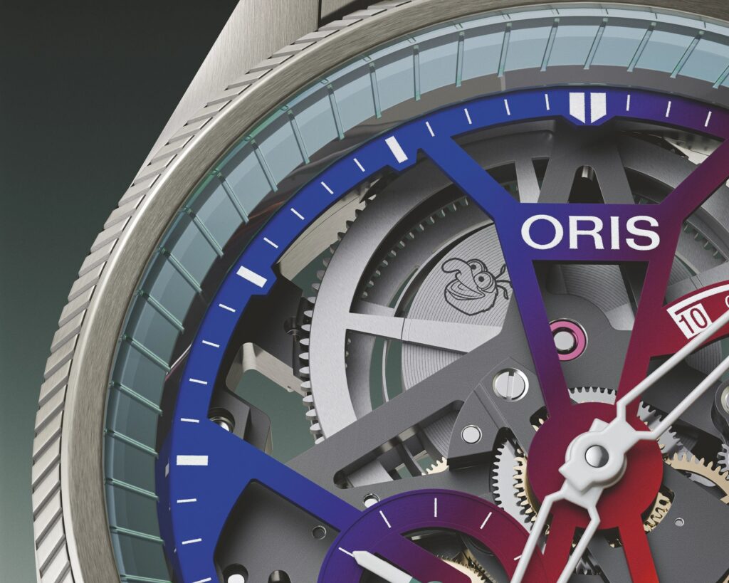 Grawerunek z twarzą Wielkiego Gonzo na sprężynie mechanizmu Oris Calibre 115